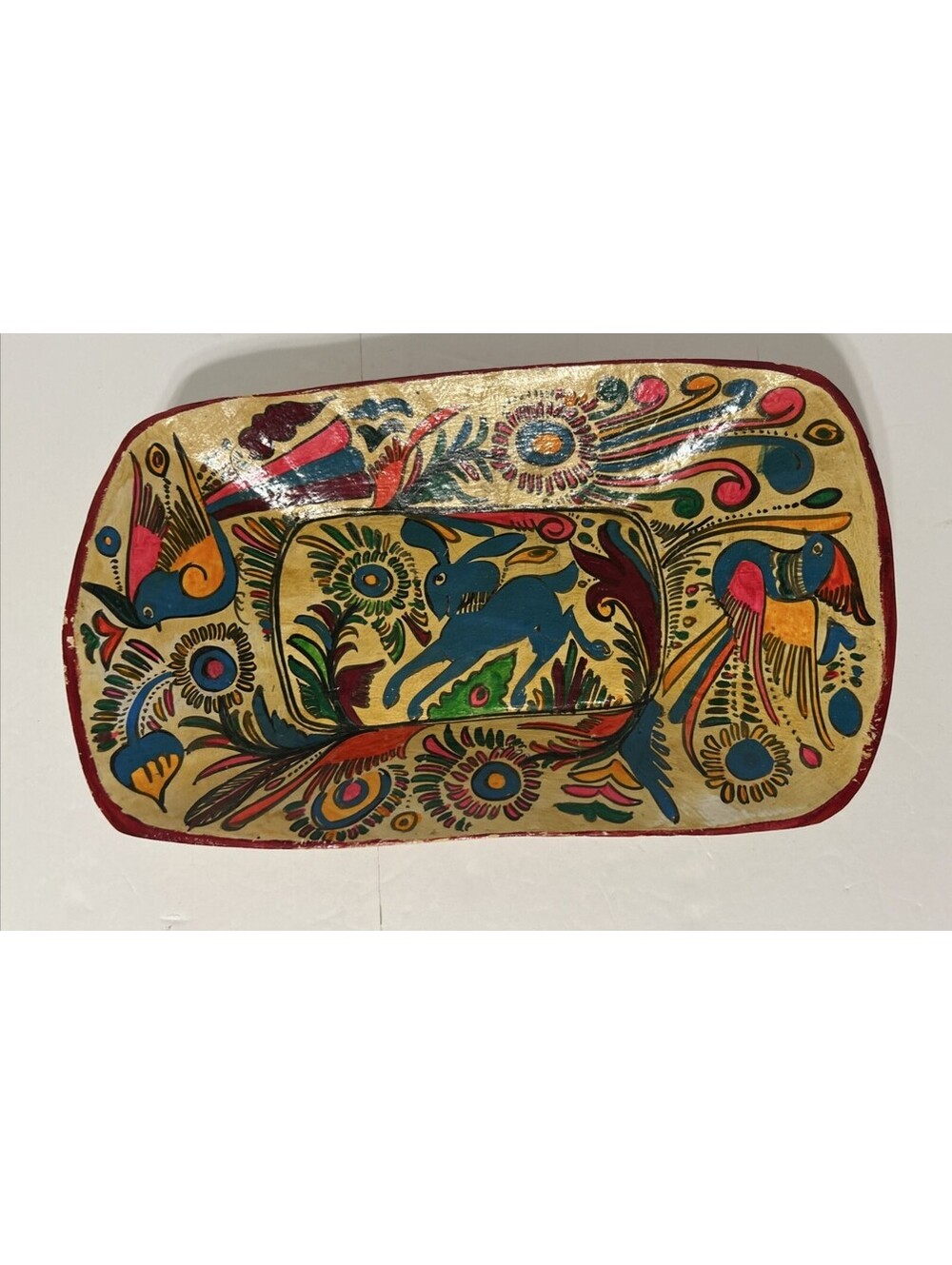 Folk Art Hand Painted Wood Tray/Bread Animals/Birds/Floral Boho